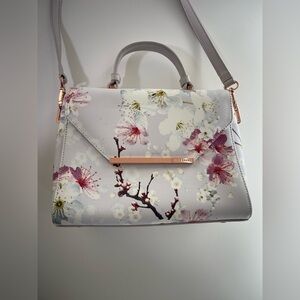 TED BAKER Floral Top-Handle Satchel in Light Blue with Pink Blossom Accents
